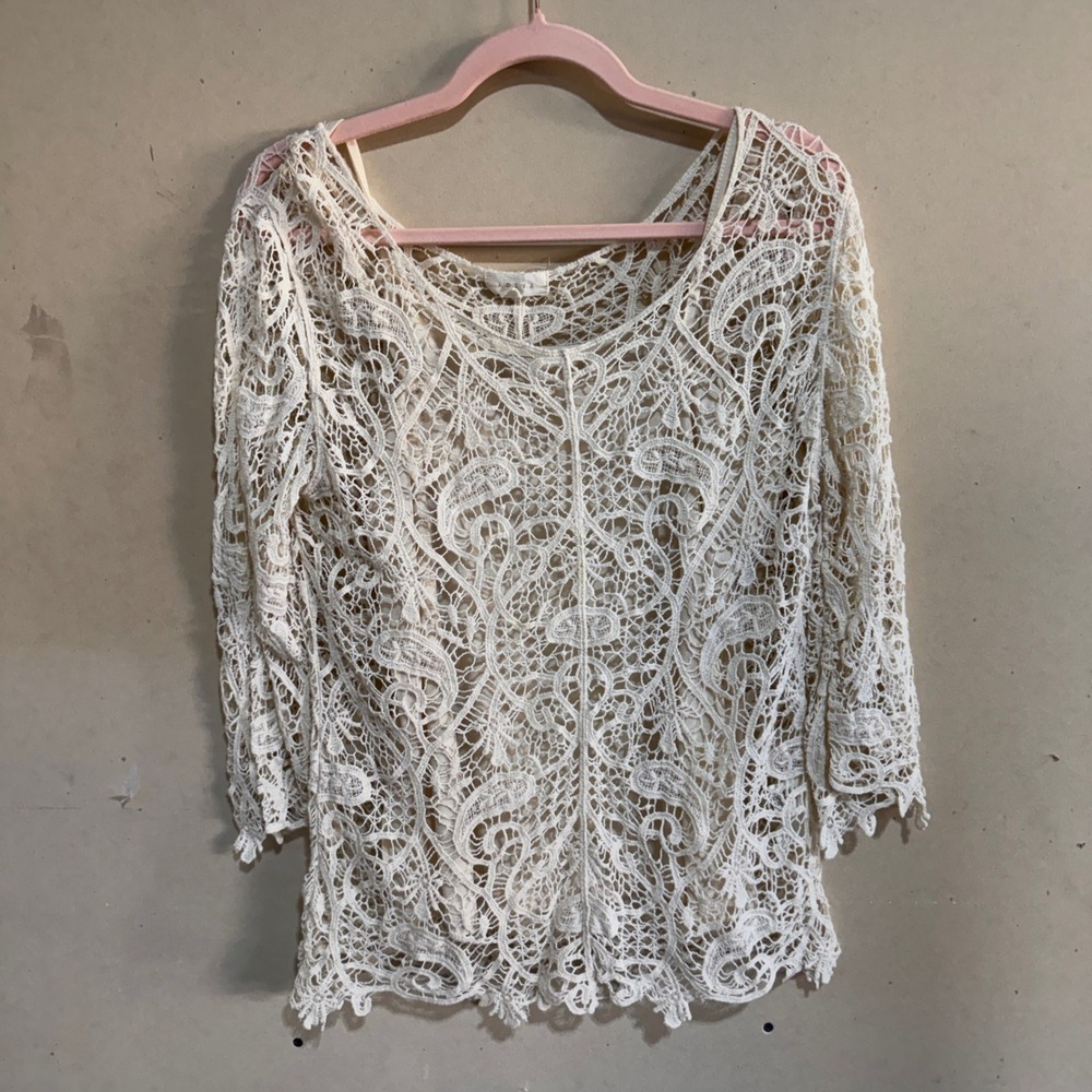 Adiva Cream Crochet Lace Top L 3/4 Sleeve Lined Boho